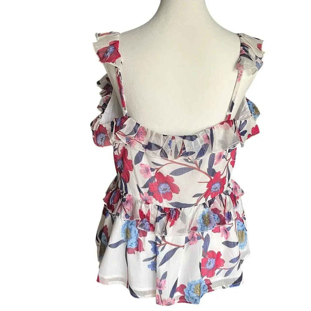 French Connection Aden Bai Lurex Frill‎ Ruffle Cami Top Women's 8 Floral Sparkle